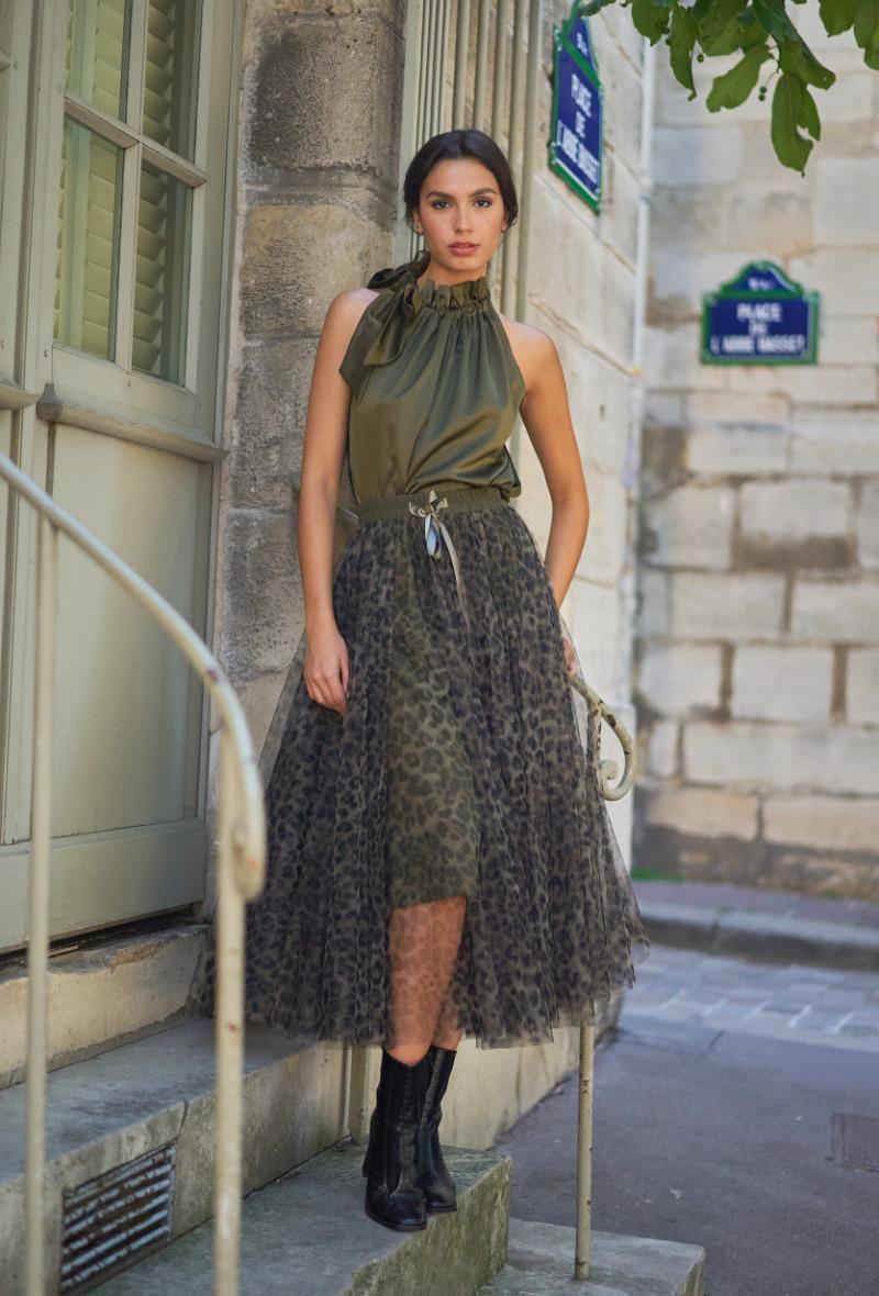 Maxi gonna in tulle stampa leopardo Kaki<br />(<strong>Choklate</strong>)