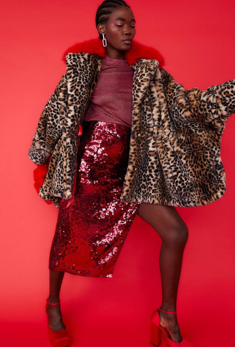 Giaccone ampio in ecopelliccia stampa animalier Rosso<br />(<strong>Jayley</strong>)