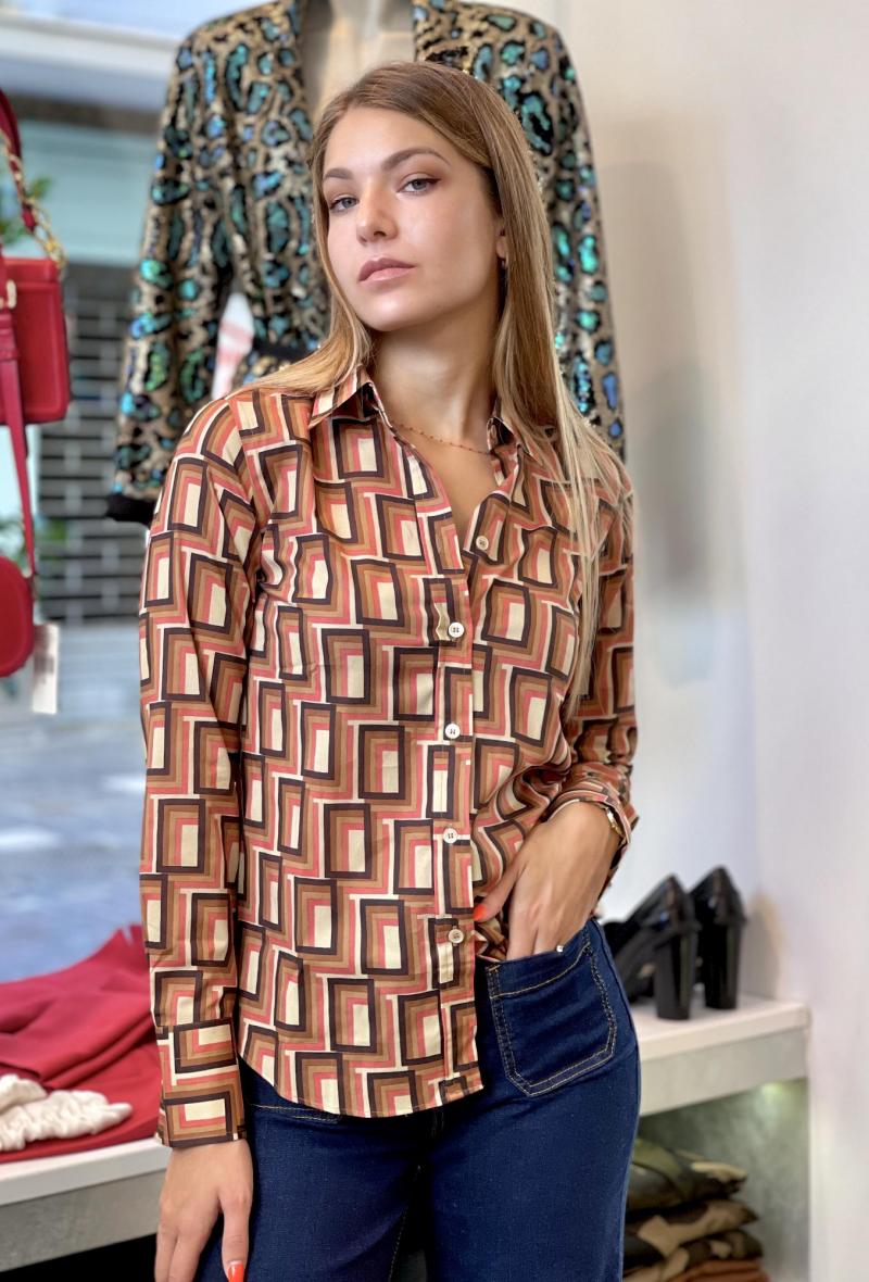Camicia stampata in cotone stretch Arancio<br />(<strong>Caliban</strong>)