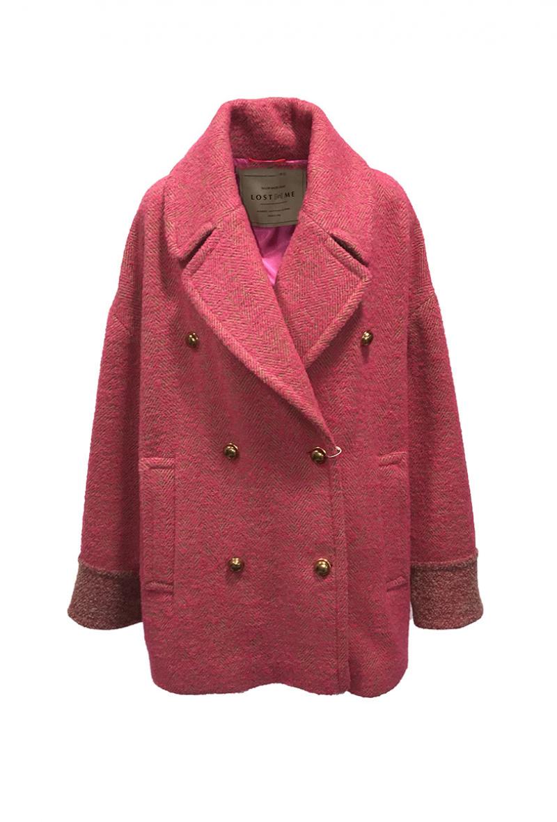 Giaccone oversize in tweed con martingala in cuoio Fuchsia<br />(<strong>Lost in me</strong>)